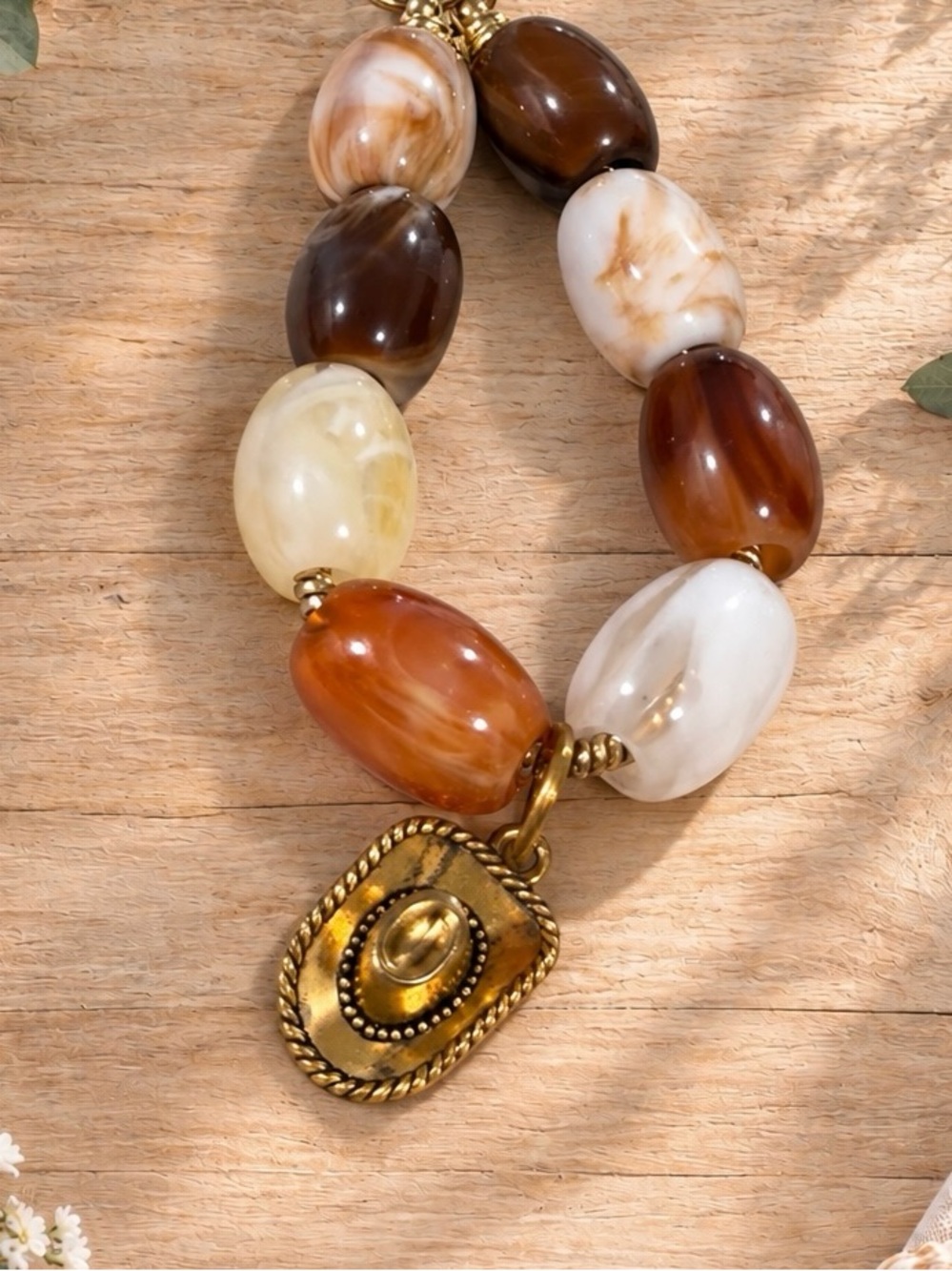 Gold-Accented Brown & Cream Beaded Keychain with Cowgirl/Cowboy hat
